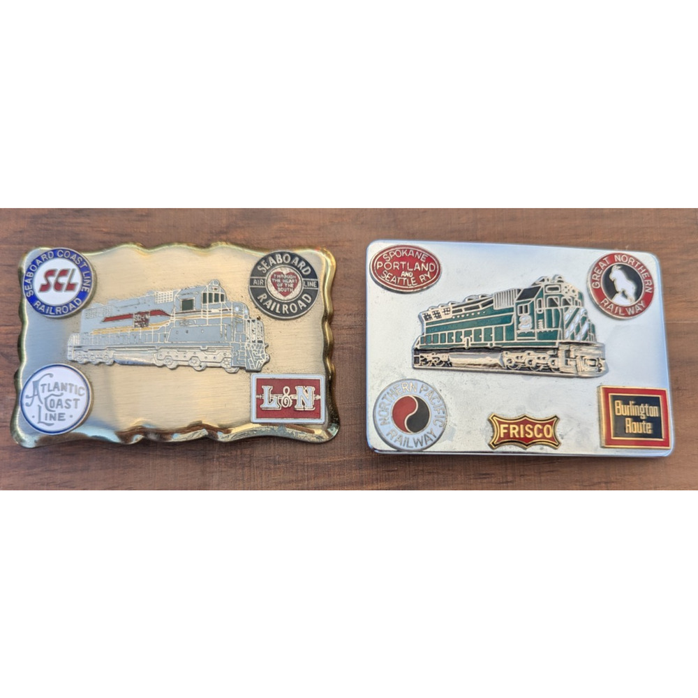 Vintage Railroad Locomotive Belt Buckles with Add On Badges Lot of 2